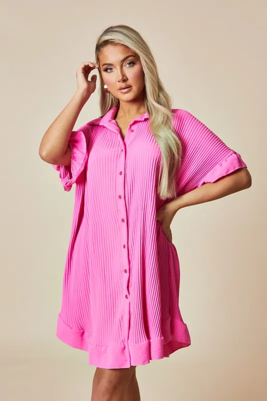 Pink Plisse Detail Frill Hem Oversized Dress - Sakura sold by Rebellious Fashion