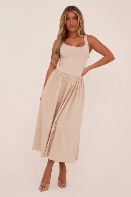Beige Rib Knit Drop Waist Scoop Neck Maxi Dress - Elian sold by Rebellious Fashion