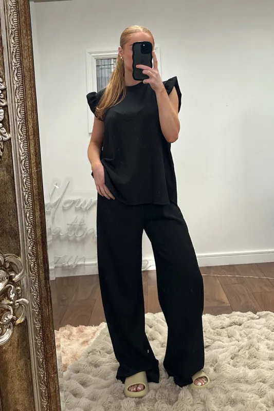 Black Round Neck Frill Sleeve Top & Straight Leg Trousers Co-ord Set - Ruby sold by Rebellious Fashion