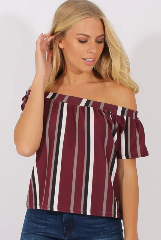 Wine Striped Bardot Top - Victoria sold by Rebellious Fashion