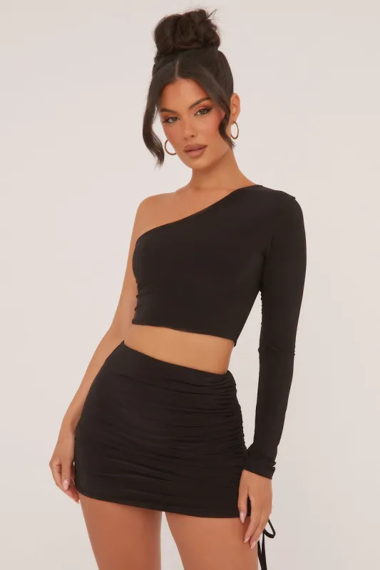 Black One Shoulder Cropped Top & Mini Skirt Co-ord Set - Mia sold by Rebellious Fashion