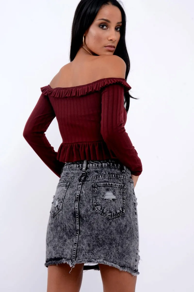 Wine Ruffle Hem Ribbed Bardot Crop Top - Kaitlyn sold by Rebellious Fashion product image thumbnail 5