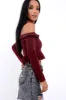 Wine Ruffle Hem Ribbed Bardot Crop Top - Kaitlyn sold by Rebellious Fashion