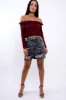 Wine Ruffle Hem Ribbed Bardot Crop Top - Kaitlyn sold by Rebellious Fashion