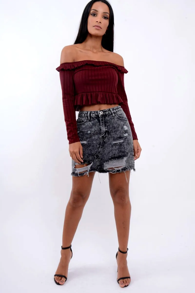 Wine Ruffle Hem Ribbed Bardot Crop Top - Kaitlyn sold by Rebellious Fashion product image thumbnail 3