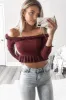 Wine Ruffle Hem Ribbed Bardot Crop Top - Kaitlyn sold by Rebellious Fashion