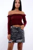 Wine Ruffle Hem Ribbed Bardot Crop Top - Kaitlyn sold by Rebellious Fashion