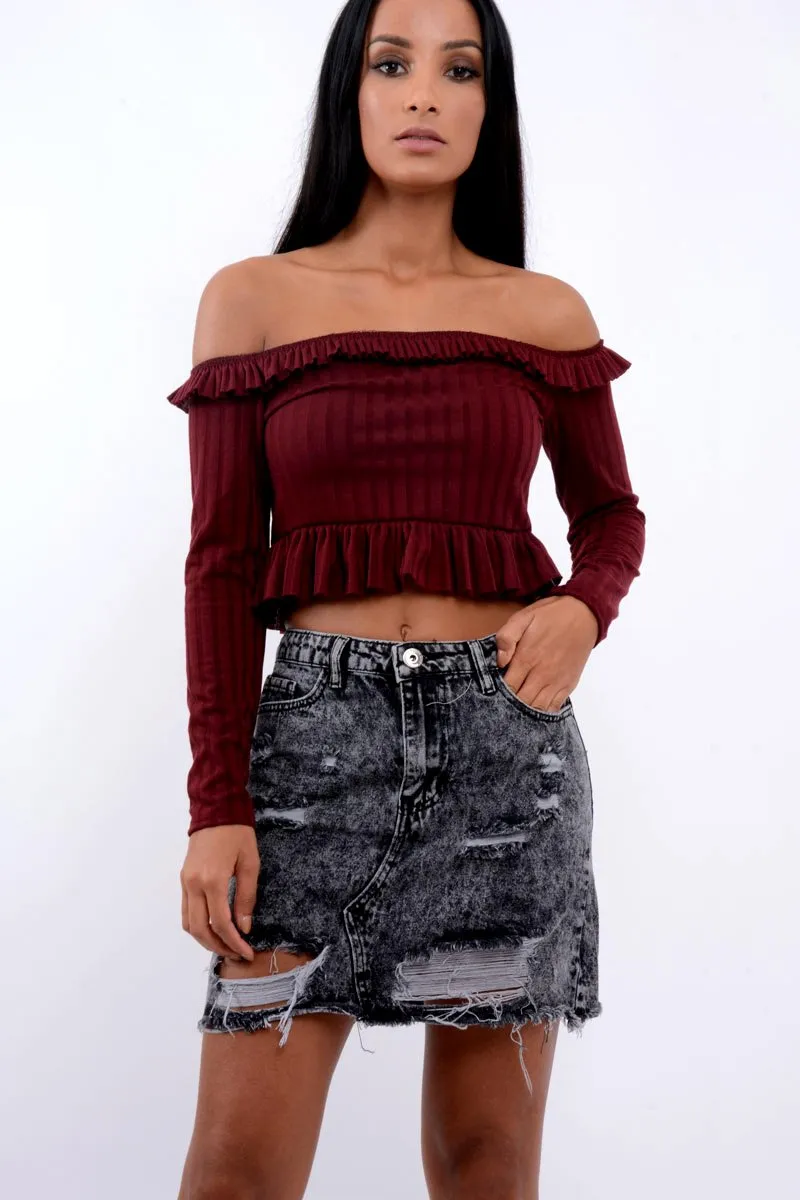 Wine Ruffle Hem Ribbed Bardot Crop Top - Kaitlyn sold by Rebellious Fashion product image thumbnail 2