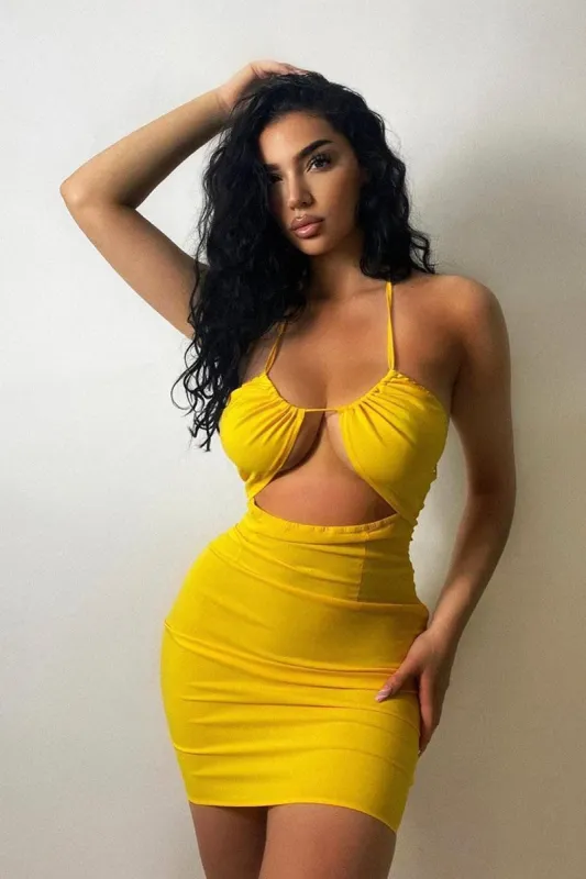 Yellow Halter Neck Cut Out Mini Dress - Jorji sold by Rebellious Fashion
