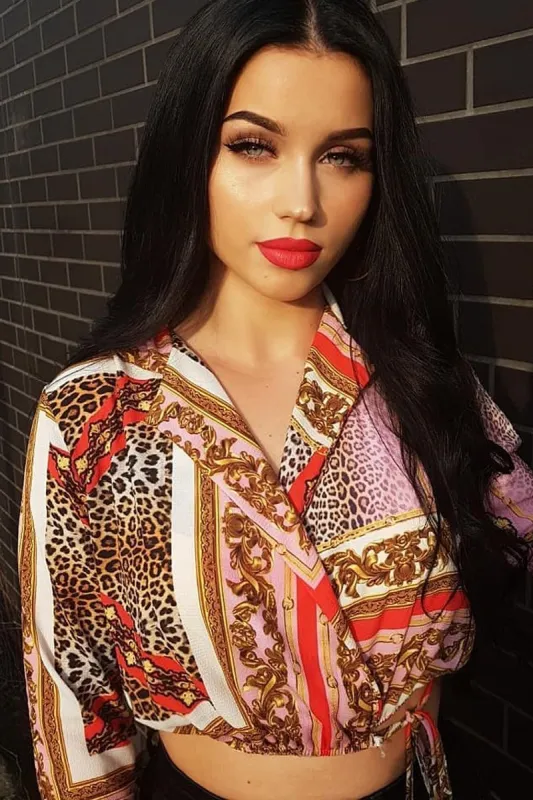 Pink Scarf Print Plunge Crop Top - Dorie made by Rebellious Fashion