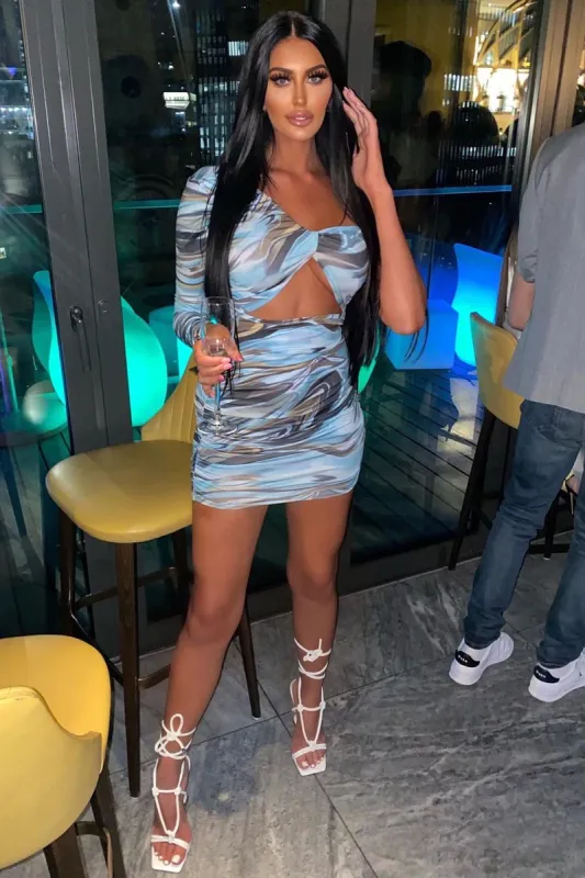 Blue Marble Print One Shoulder Cut Out Ruched Midi Dress - Breiah sold by Rebellious Fashion