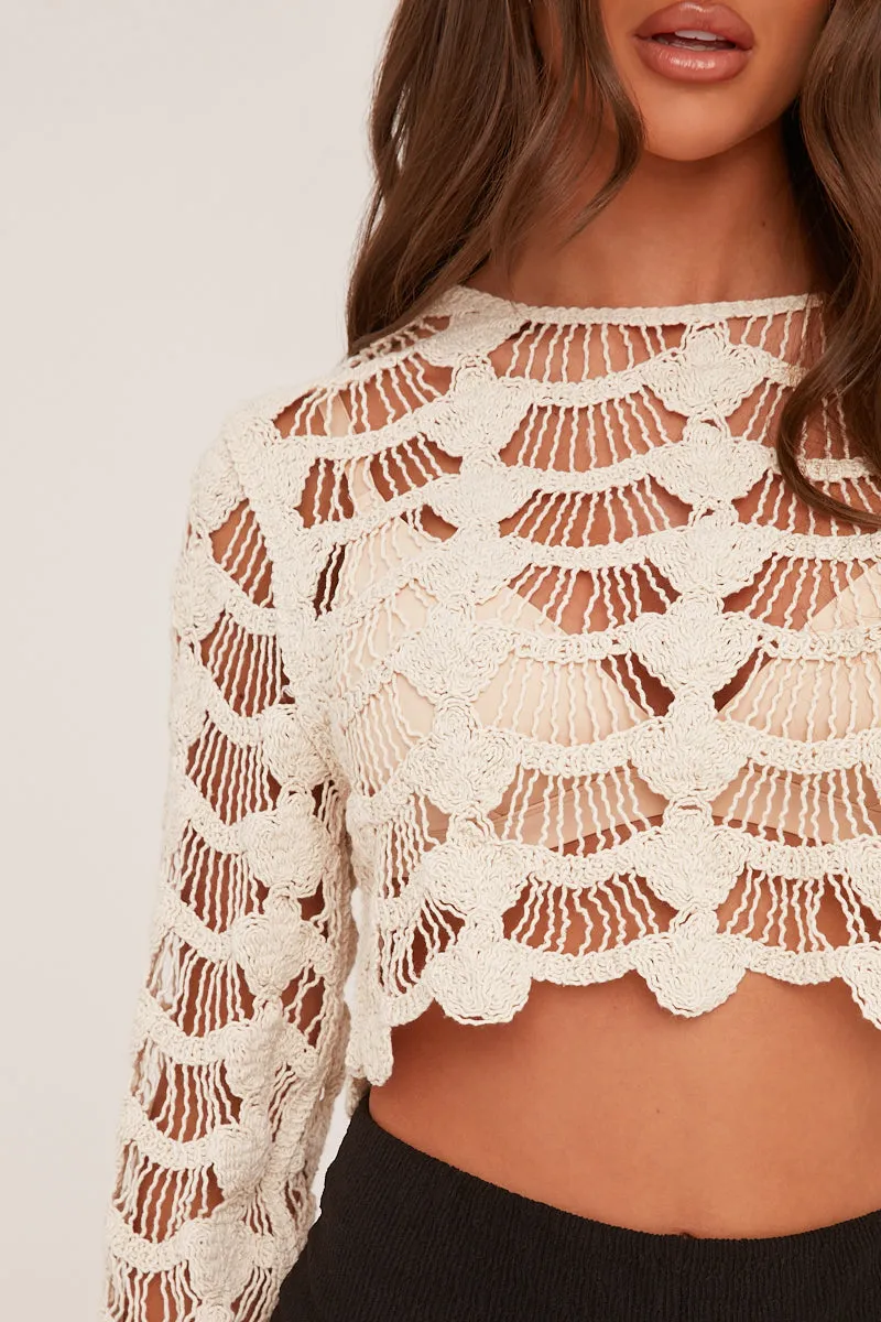 Beige Crochet Long Sleeve Cropped Top - Ida sold by Rebellious Fashion product image thumbnail 3