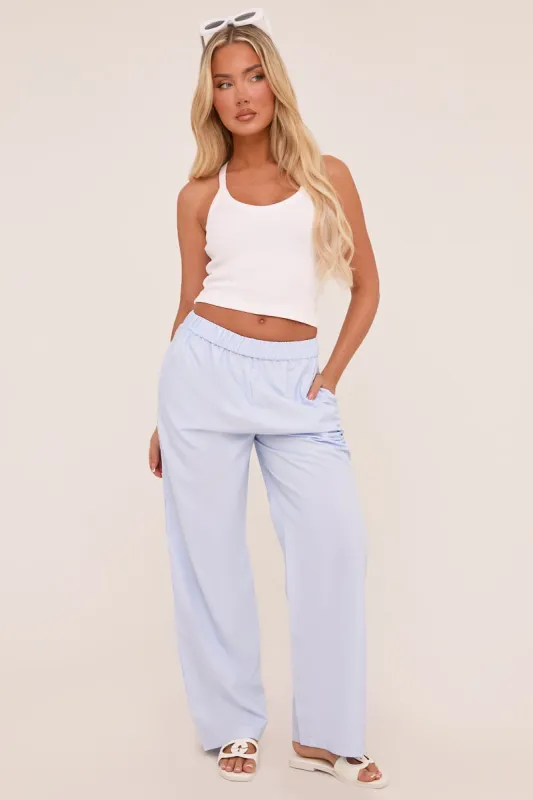 Blue Pinstripe Elasticated Waist Straight Leg Trousers - Darcie sold by Rebellious Fashion