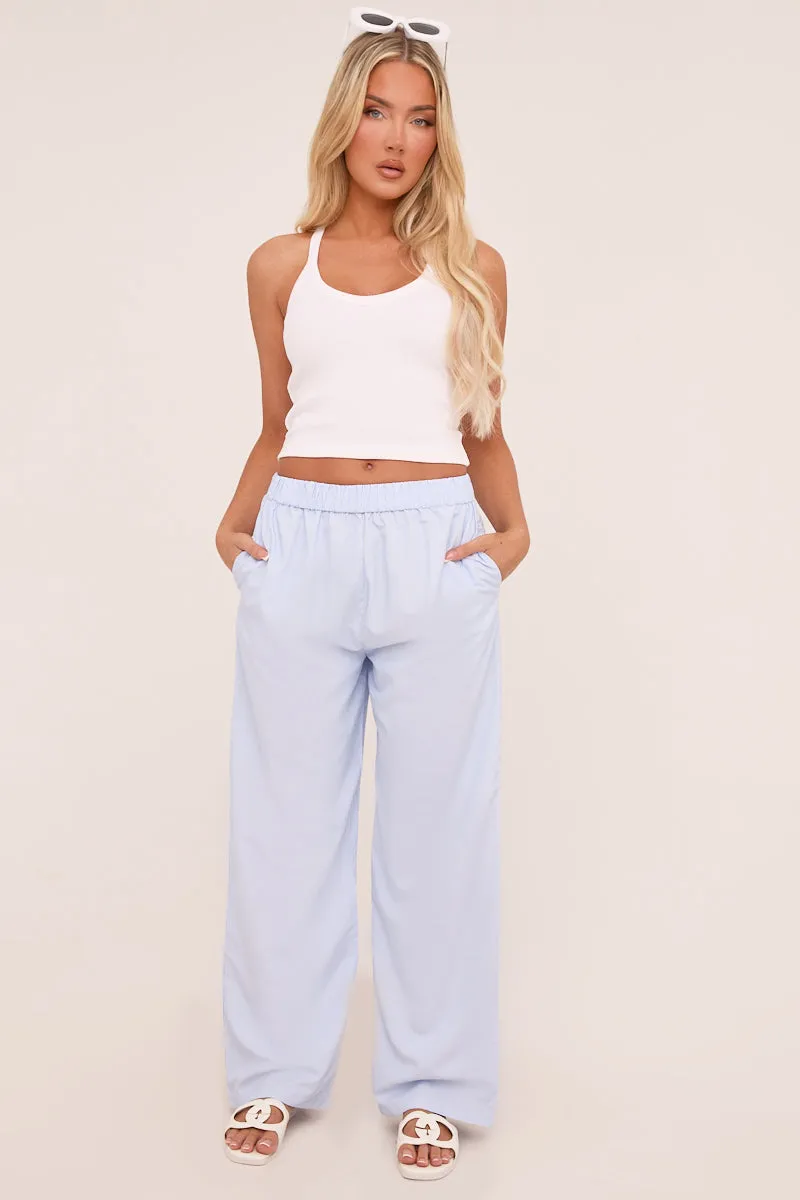 Blue Pinstripe Elasticated Waist Straight Leg Trousers - Darcie sold by Rebellious Fashion product image thumbnail 2