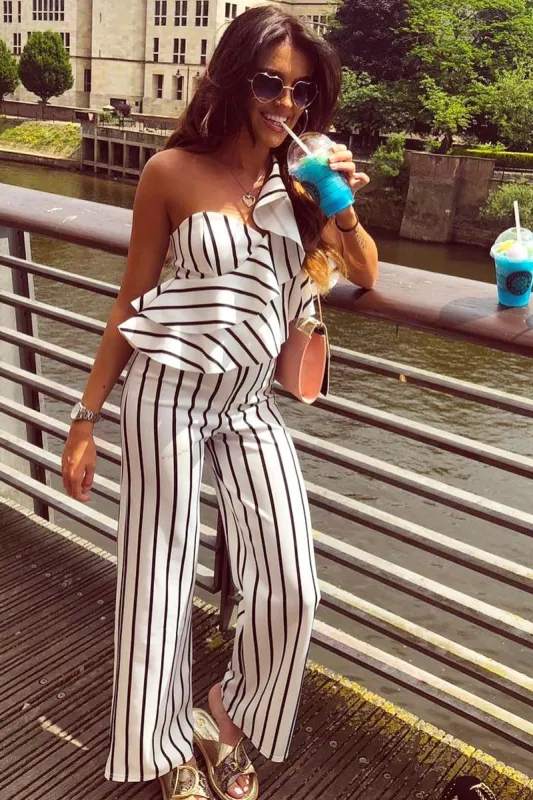 White Striped One Shoulder Ruffle Jumpsuit - Shelley made by Rebellious Fashion