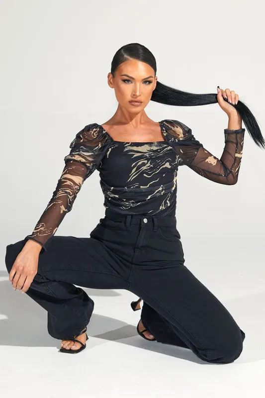 Beige Marble Puff Sleeve Bodysuit - Deana made by Rebellious Fashion