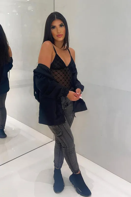 Grey Denim Look Chain Detail Stretch Cargo Trousers - Nellie sold by Rebellious Fashion