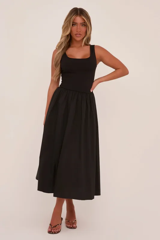 Black Rib Knit Drop Waist Scoop Neck Maxi Dress - Elian sold by Rebellious Fashion