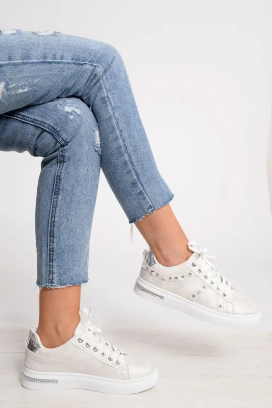 White Studded Lace Up Trainers - Ada made by Rebellious Fashion