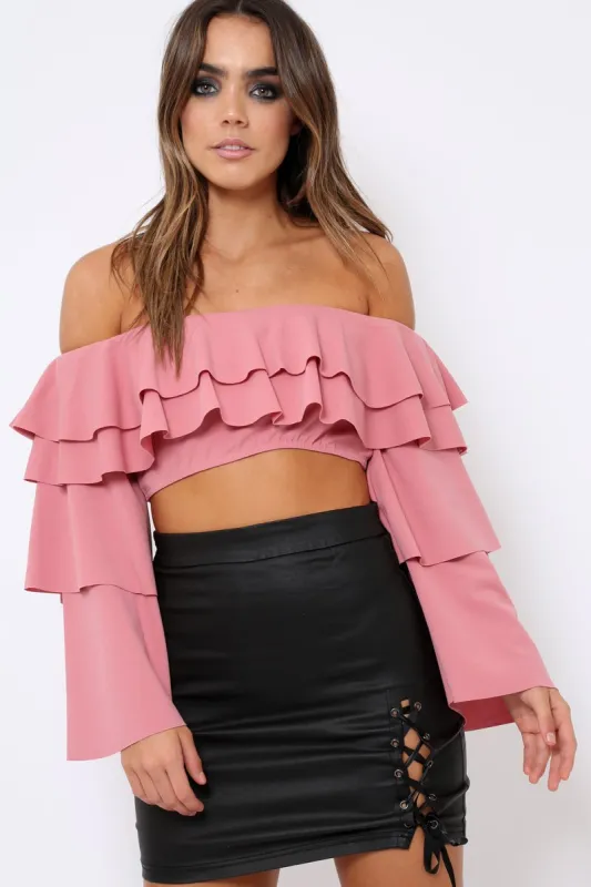 Rose extreme Layered Frill Bardot Crop Top - Nevaeh sold by Rebellious Fashion
