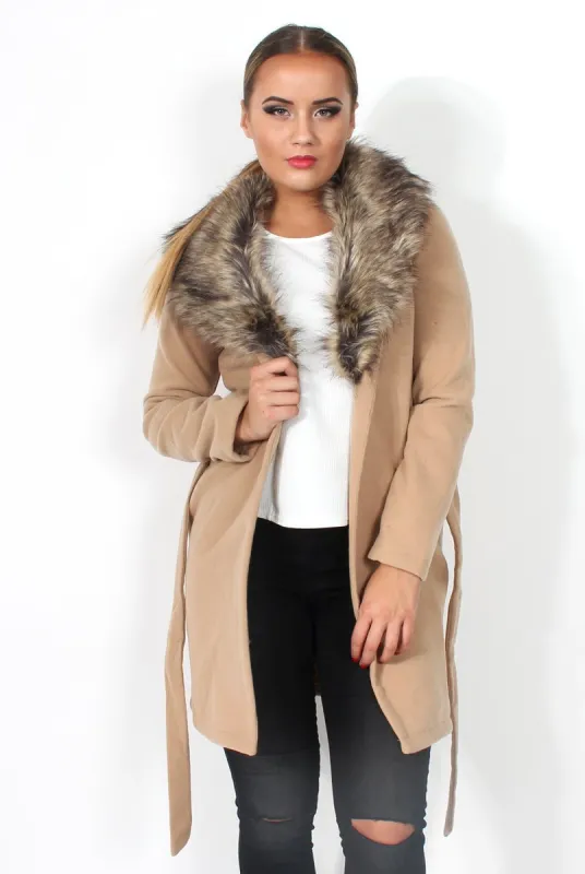 Idella Camel Faux Fur Tie Jacket sold by Rebellious Fashion