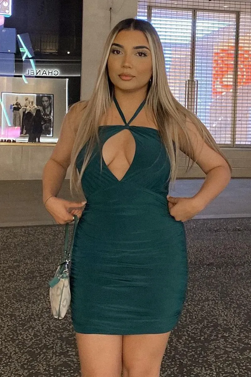 Green Tie Knot Halter Neck Ruched Slinky Mini Dress - Liv sold by Rebellious Fashion product image thumbnail 3