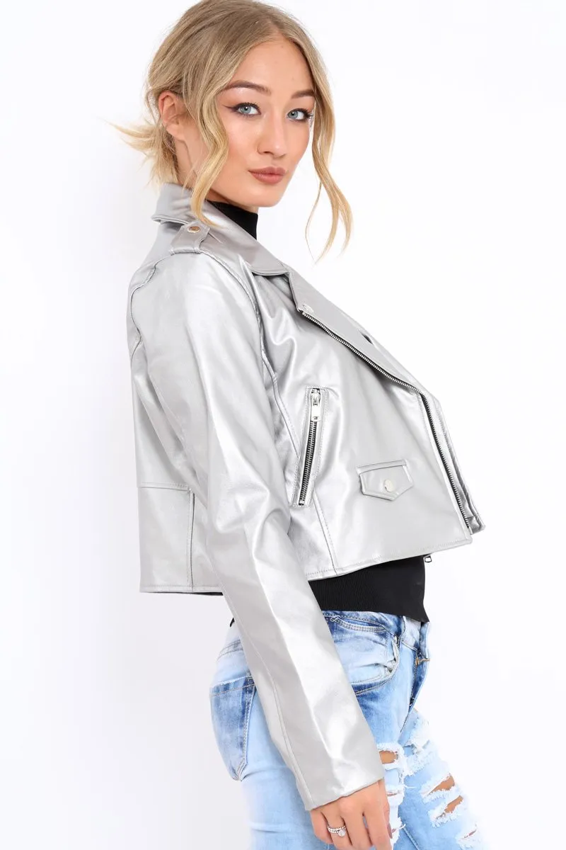 Silver Metallic Leather Jacket - Adrienne sold by Rebellious Fashion product image thumbnail 4