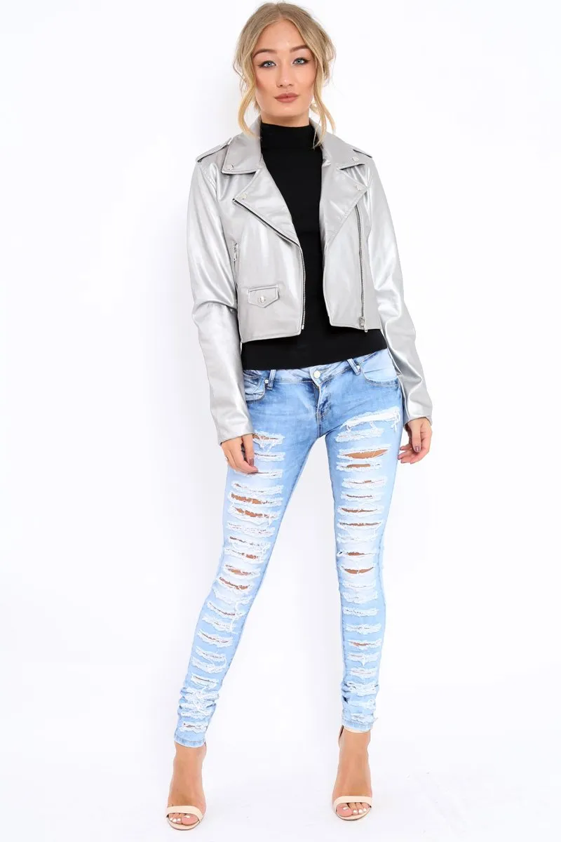 Silver Metallic Leather Jacket - Adrienne sold by Rebellious Fashion product image thumbnail 3