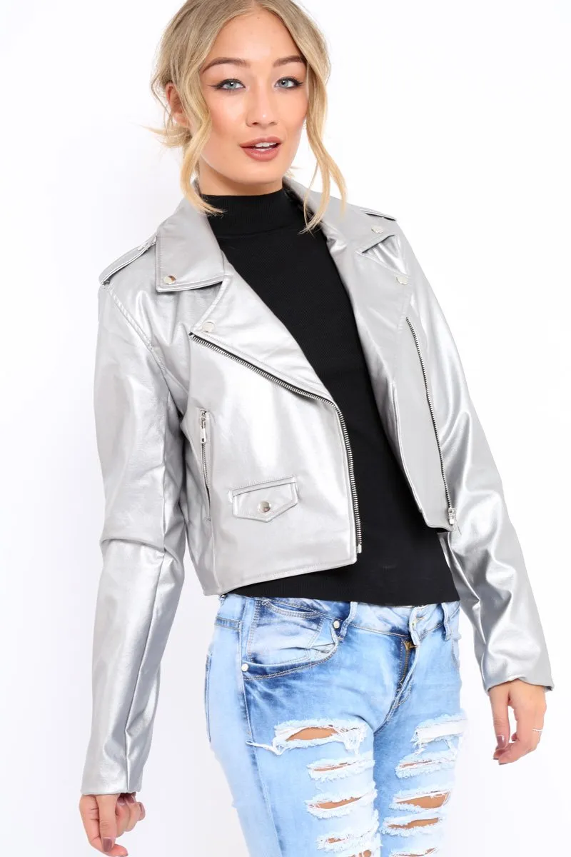 Silver Metallic Leather Jacket - Adrienne sold by Rebellious Fashion product image thumbnail 2