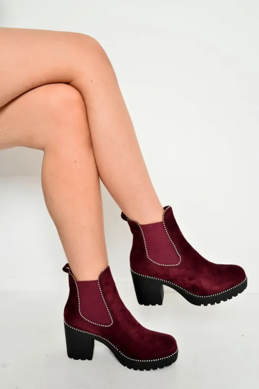 Wine Faux Suede Stud Trim Chunky Chelsea Boots - Leana sold by Rebellious Fashion