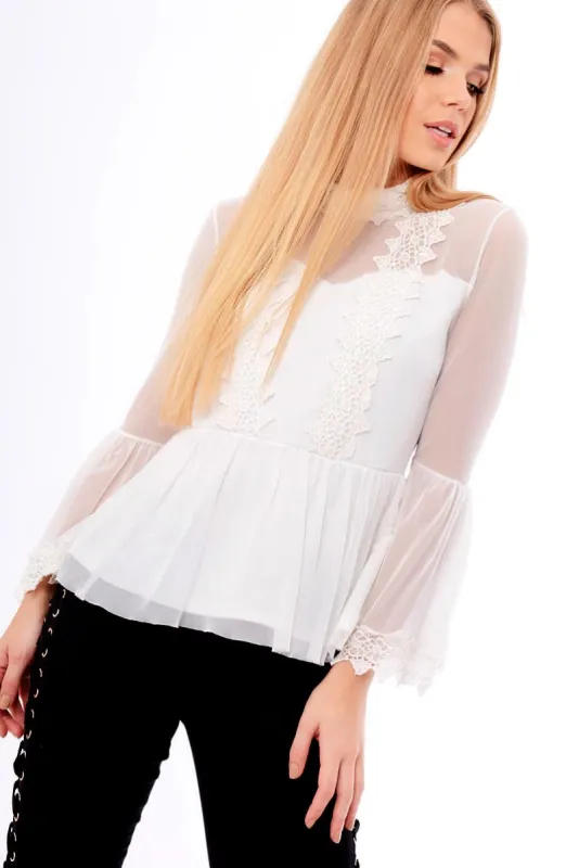 White Mesh Crochet Bell Sleeve High Neck Blouse - Loretta sold by Rebellious Fashion