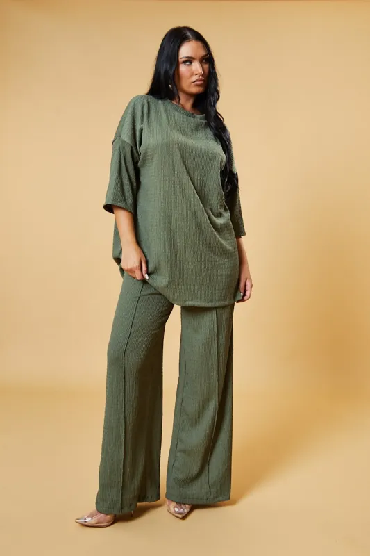 Khaki Textured Knit Trousers & Oversized Top Co-ord Set - Cecelia sold by Rebellious Fashion