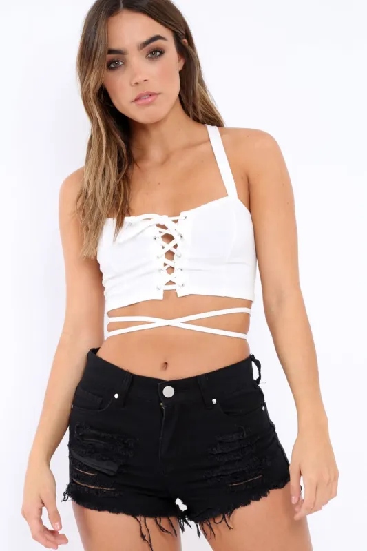 White Lace Up Front Crop Top - Lacey sold by Rebellious Fashion