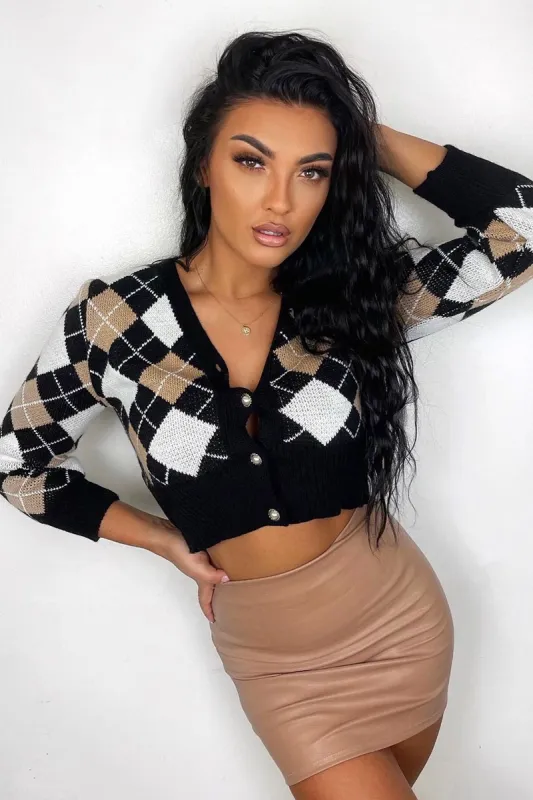 Beige Argyle Print Knit Cardigan - Dazie sold by Rebellious Fashion