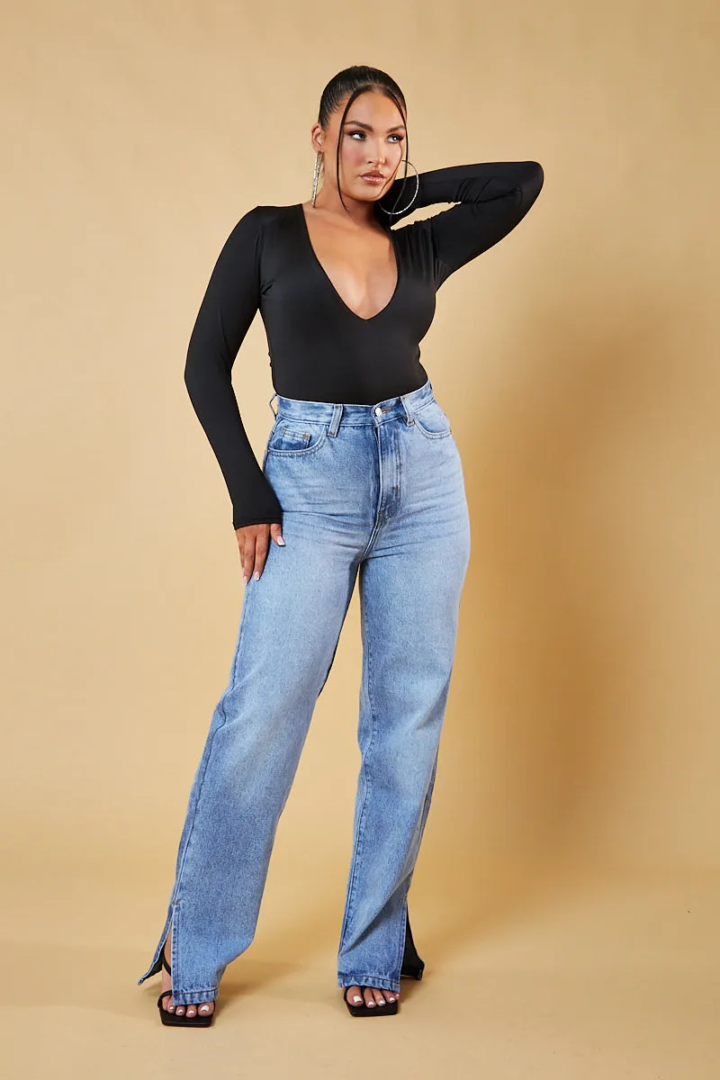 Black Plunge Neck Long Sleeve Bodysuit - Edith sold by Rebellious Fashion product image thumbnail 2