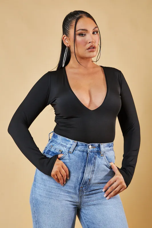 Black Plunge Neck Long Sleeve Bodysuit - Edith sold by Rebellious Fashion
