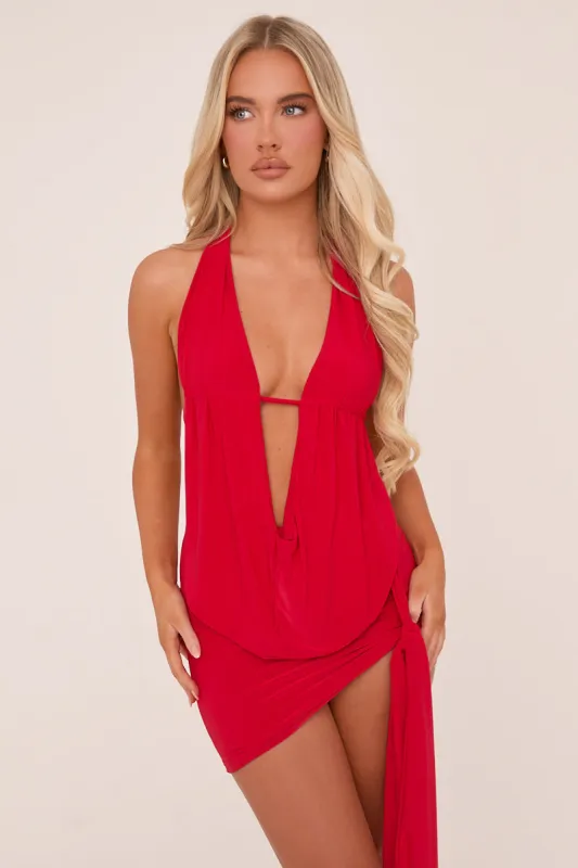 Red Plunge Neck Cowl Detail Top & Mini Skirt Co-ord Set - Lama sold by Rebellious Fashion