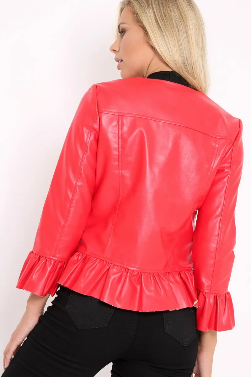 Red Faux Leather Frill Hem Jacket - Cherrie sold by Rebellious Fashion product image thumbnail 4