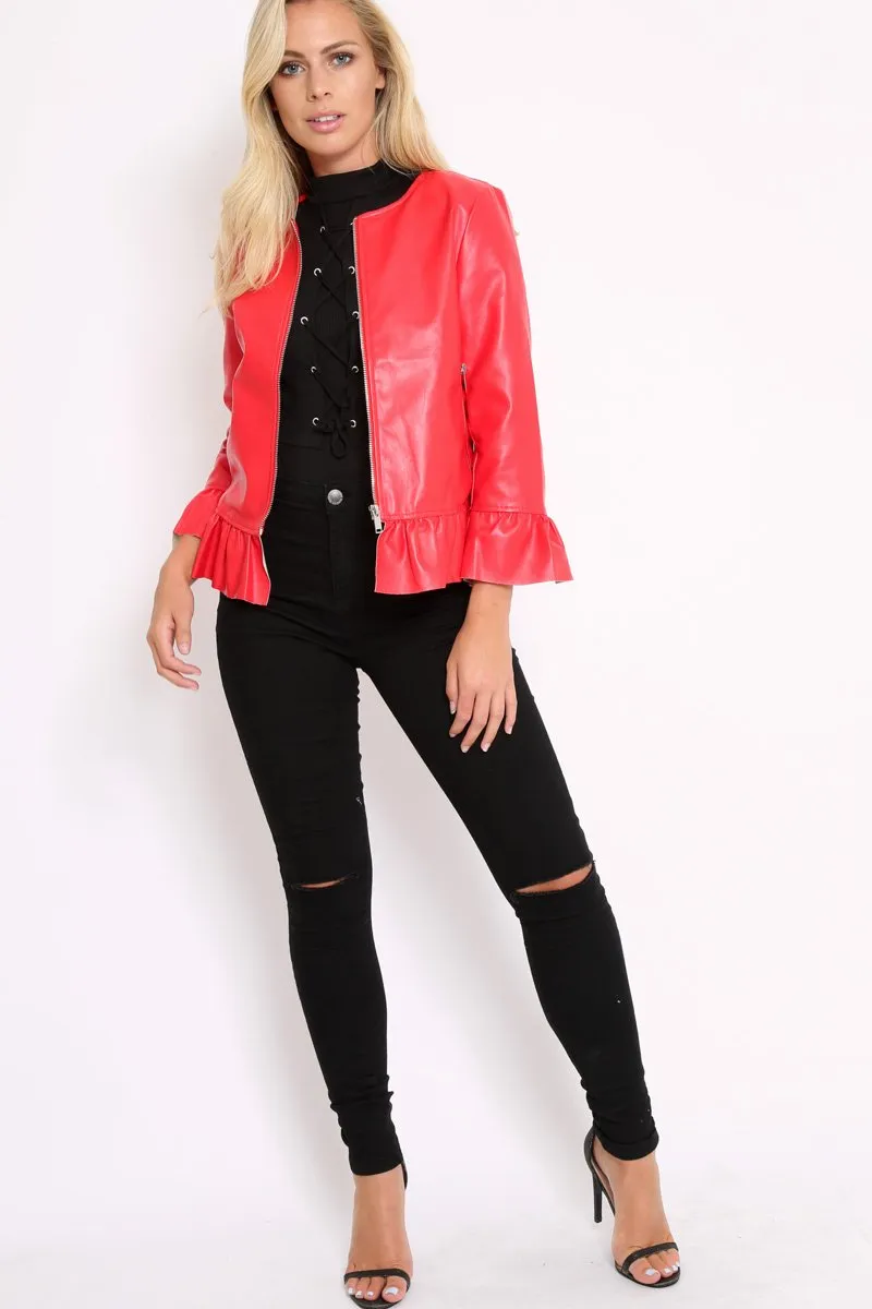 Red Faux Leather Frill Hem Jacket - Cherrie sold by Rebellious Fashion product image thumbnail 5