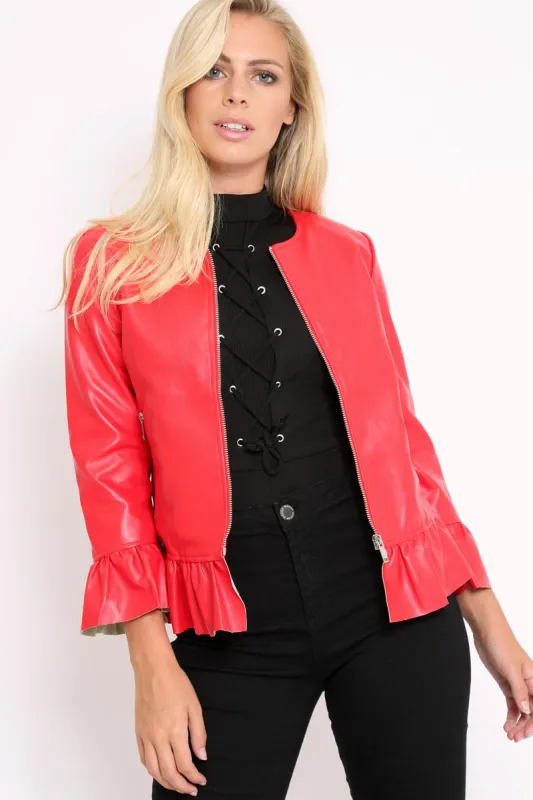 Red Faux Leather Frill Hem Jacket - Cherrie sold by Rebellious Fashion