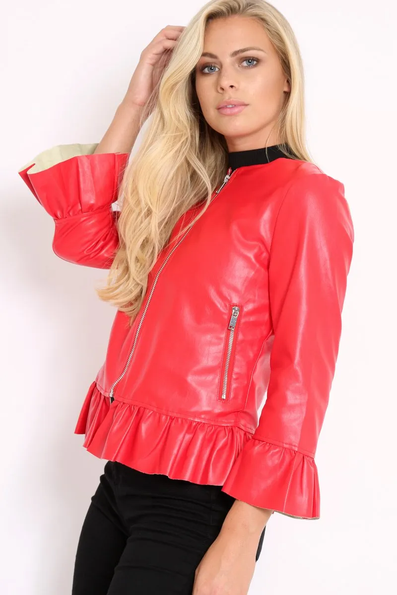 Red Faux Leather Frill Hem Jacket - Cherrie sold by Rebellious Fashion product image thumbnail 3