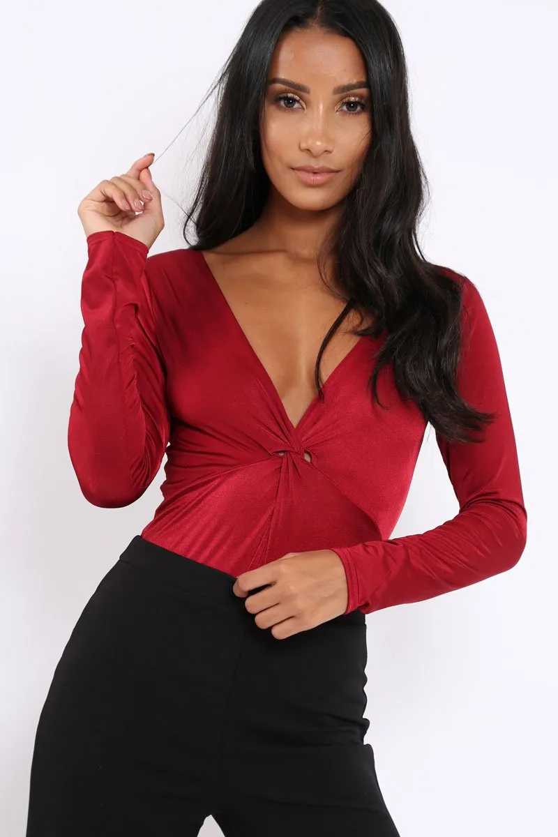 Wine Slinky Twist Front Bodysuit - Gretchen sold by Rebellious Fashion