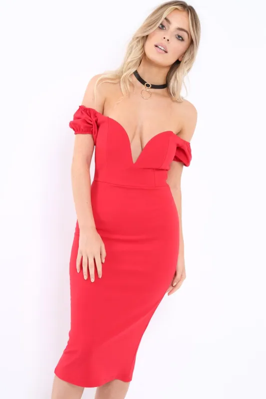 Red Plunge V Bardot Midi Bodycon Dress - Nanda sold by Rebellious Fashion