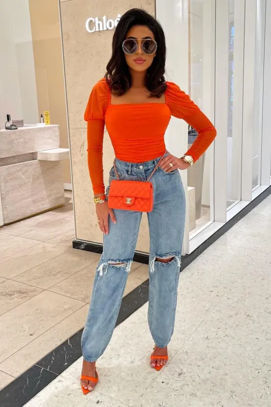 Orange Ruched Body Mesh Sleeve Bodysuit - Raeya sold by Rebellious Fashion