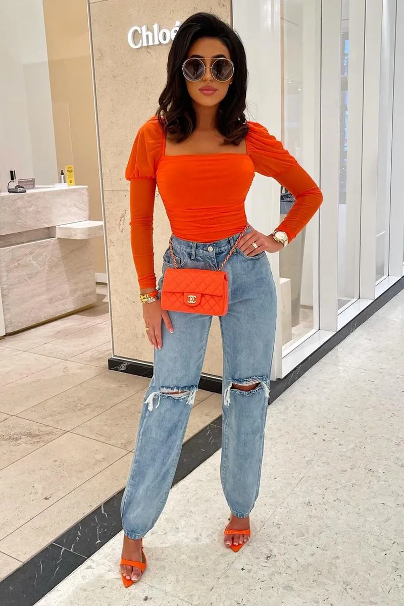 Orange Ruched Body Mesh Sleeve Bodysuit - Raeya sold by Rebellious Fashion