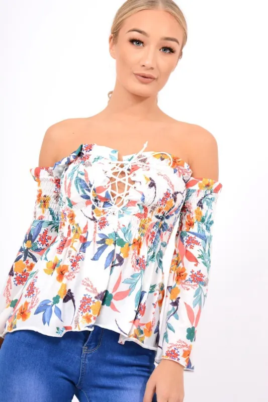 White Floral Smocked Lace Up Off Shoulder Top - Lorrie sold by Rebellious Fashion