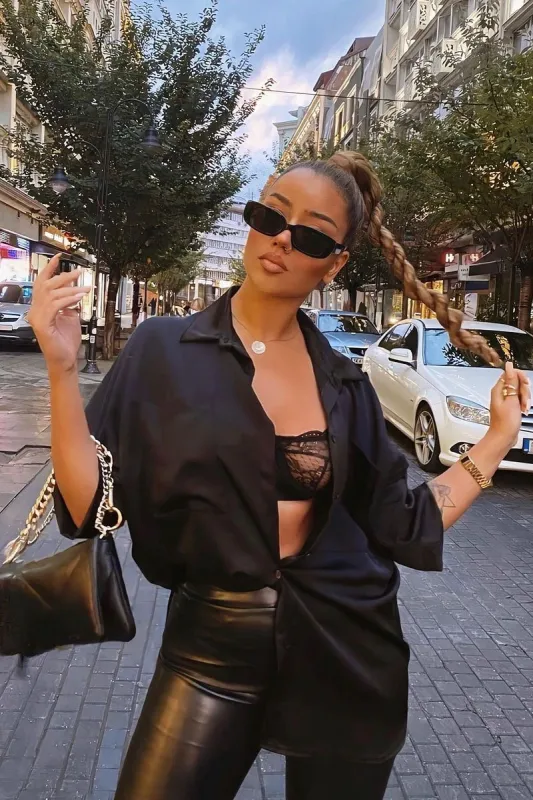 Black Oversized Satin Shirt - Carine sold by Rebellious Fashion