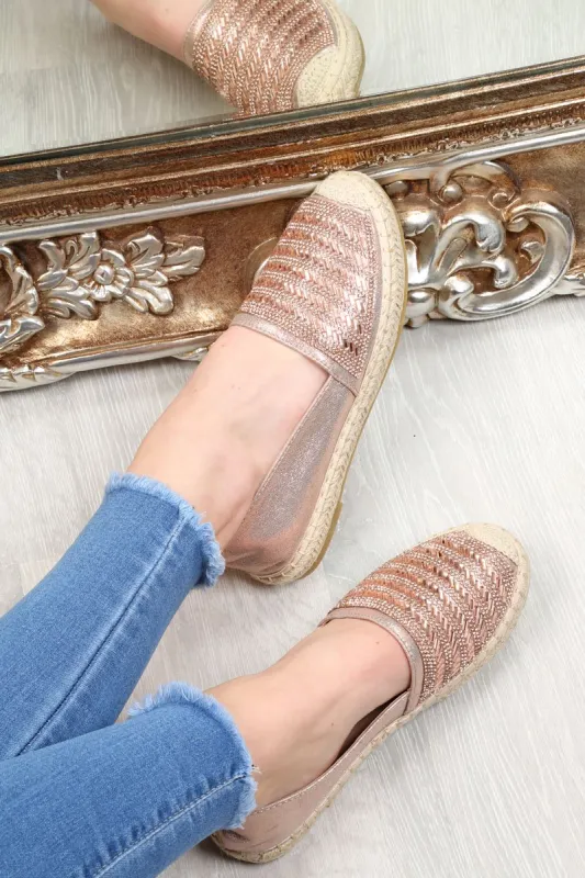 Rose Gold Diamante Embellished Espadrilles - Mazie sold by Rebellious Fashion