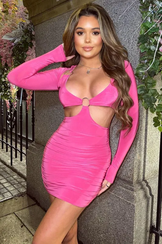Hot Pink Ring Front Cut Out Slinky Mini Dress - Ava sold by Rebellious Fashion