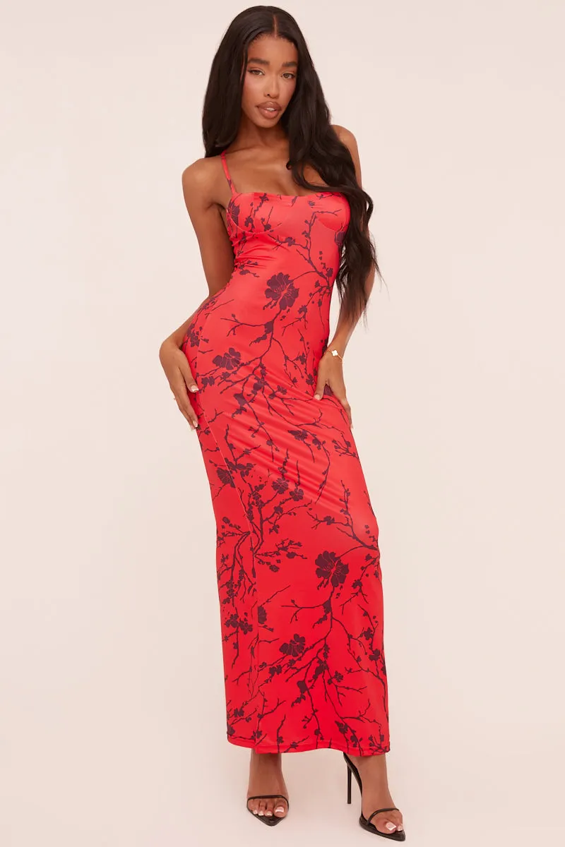 Red Floral Print Shoulder Straps Maxi Dress - Madelon sold by Rebellious Fashion product image thumbnail 2